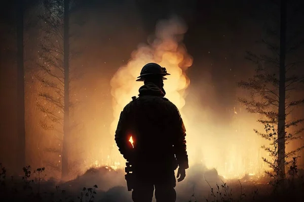 A man in a firefighter\'s uniform standing in a forest with a fire in the background award - winning photo a poster american realism