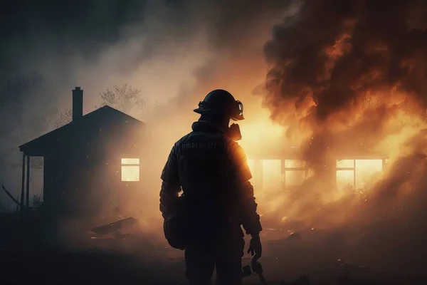 A firefighter standing in front of a house on fire with a large amount of smoke cinematic 4k wallpaper poster art american realism