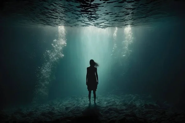 A woman standing in the middle of a dark underwater cave with sunlight streaming through the water sense of depth a matte painting magical realism