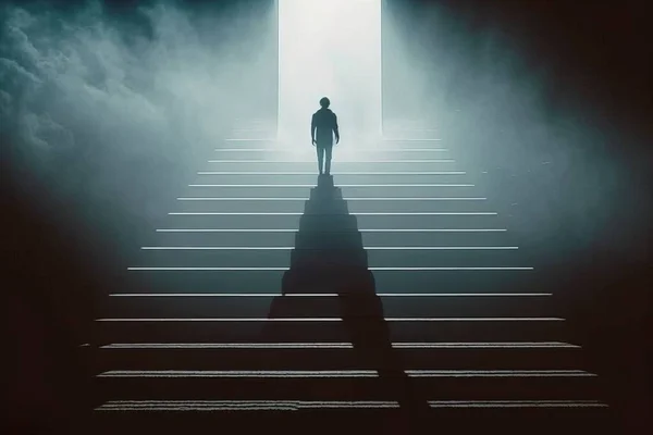 A man standing on a stairway in the middle of a dark room with a light at the end volumetric light a hologram light and space