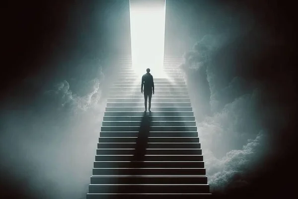 A man standing on a stairway leading to a bright light in the sky above clouds liminal space a hologram precisionism