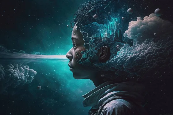 A man with a strange head and a castle in the sky above him surrounded by clouds highly detailed digital painting a detailed matte painting afrofuturism