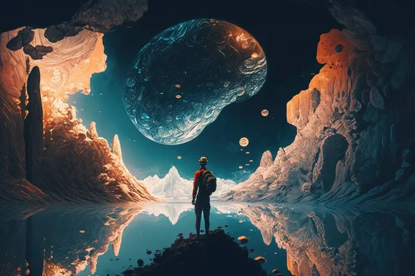 A man standing in a cave looking at a planet in the distance with a reflection of him highly detailed digital painting an ultrafine detailed painting space art
