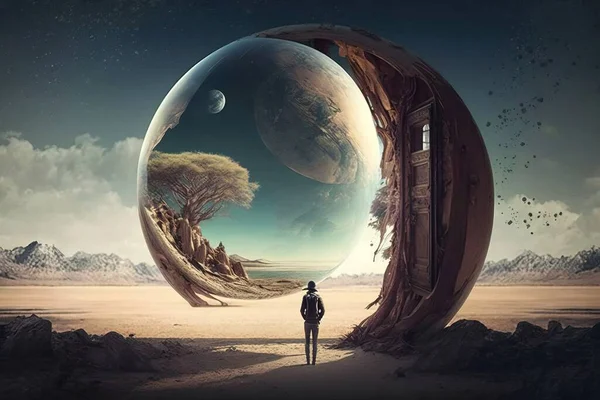 A man standing in front of a doorway to another planet with a tree on it fantasy artwork a surrealist painting fantasy art