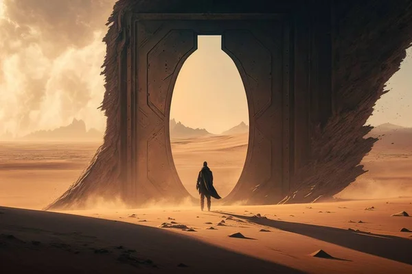 A man standing in front of a giant structure in the desert with a man standing in front of it desert a detailed matte painting fantasy art