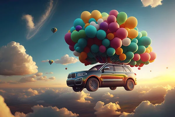 A car with balloons floating in the sky above clouds and a car with balloons on top 3 d render a 3d render panfuturism