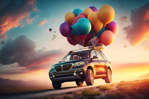 A car with balloons on top of it driving down a road at sunset with a sky background realistic render a 3d render maximalism