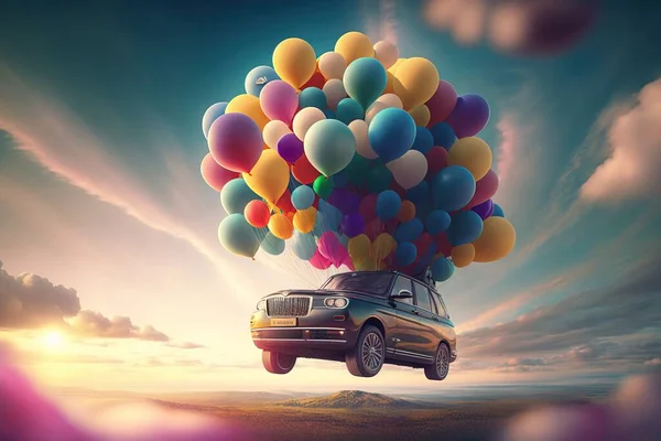 A car is flying in the air with balloons on its roof and a bunch of balloons on the roof realistic render a 3d render magic realism