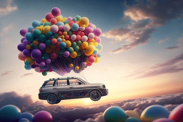 A car with balloons floating over the clouds in the sky above a car with balloons octane renderer a 3d render photorealism