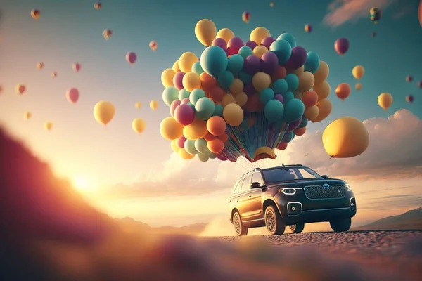 A car is driving down a road with balloons floating over it in the air above 8 k render a 3d render photorealism