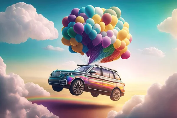 A car with balloons floating in the sky above clouds and rainbows in the sky colorful flat surreal design a 3d render panfuturism