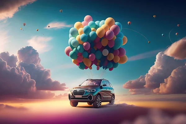 A car with balloons floating over it in the sky above clouds and a car in the foreground 3 d render a 3d render surrealism