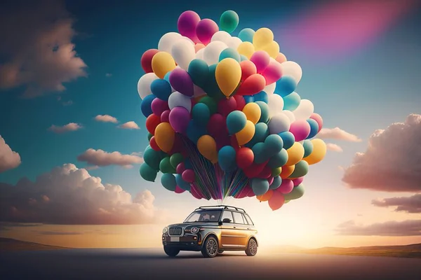 A car with balloons floating from it's roof in the air on a road 3 d render a 3d render art photography