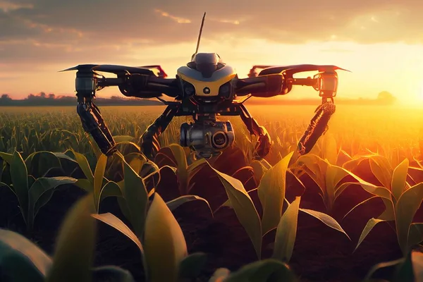 A small black and yellow robot in a field of corn at sunset with the sun behind it solarpunk a 3d render les automatistes