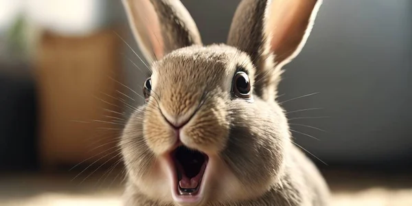 A rabbit is making a funny face with its mouth open and it\'s mouth wide open ultra realistic digital art a 3d render shock art