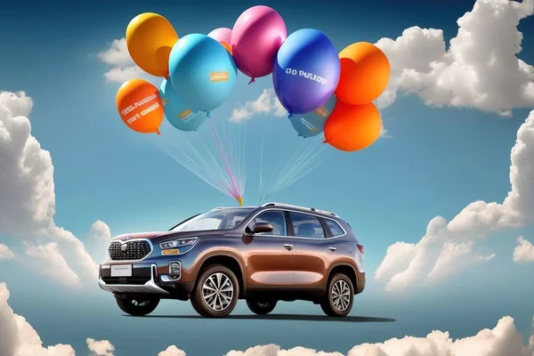 A car with balloons floating over it in the sky with clouds and blue sky background promotional image a 3d render kitsch movement