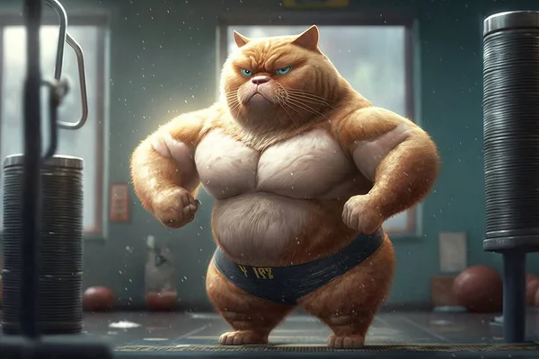 A fat cat standing in a gym with a weight scale in front of him and a kettle behind him cgstudio concept art furry art