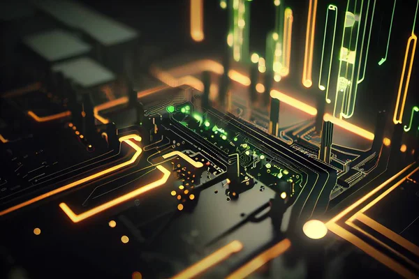 A computer circuit board with neon lights and a black background with a green and yellow pattern 8 k render a 3d render computer art