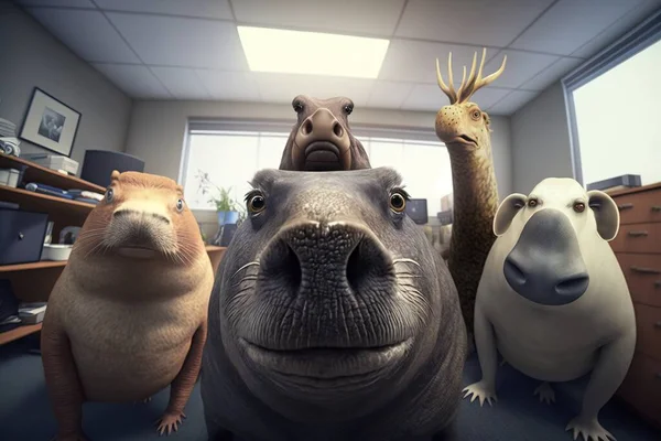 A group of animated animals standing in a room with a window in the background and a desk with a computer on it promotional image a screenshot photorealism