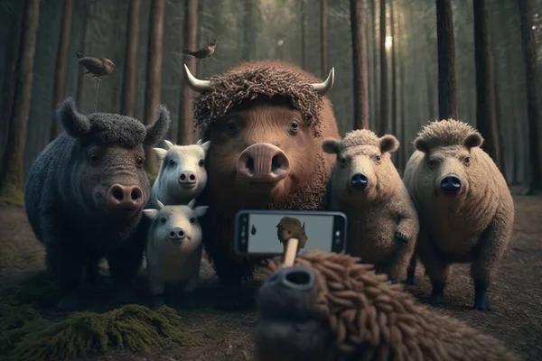 A group of animals standing next to each other in a forest with a cell phone photoreal a storybook illustration fantastic realism