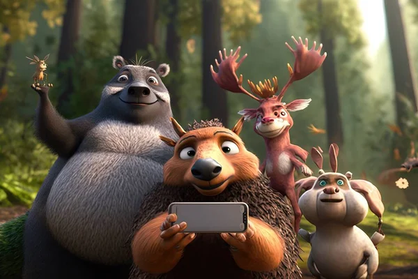 A group of animals standing in the forest with a tablet computer in their hands and a deer on their back promotional image a screenshot furry art