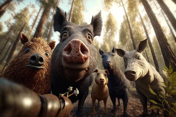 A group of animals standing in a forest together with a pig and a bear on the right animal photography a 3d render photorealism