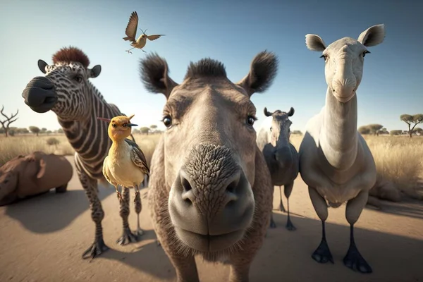 A group of animals standing on top of a dirt field next to a zebra and a bird animal photography a stock photo naturalism