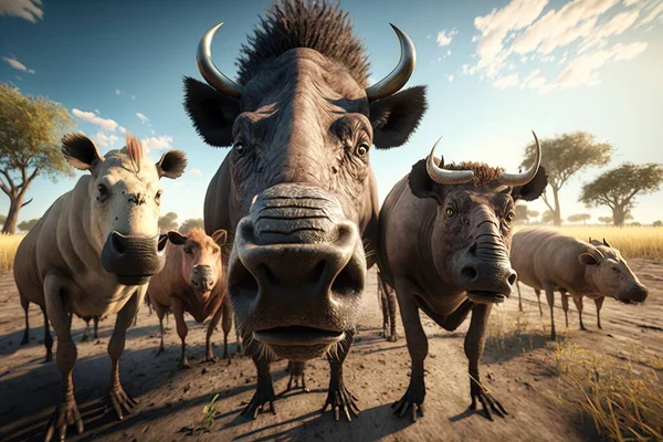 A herd of cattle standing on top of a dirt field next to a forest filled with trees ultra realistic faces computer graphics photorealism