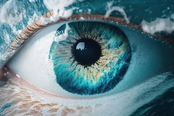 A close up of a blue eye with water around it\'s iris and a wave coming in realistic eyes a photorealistic painting hyperrealism