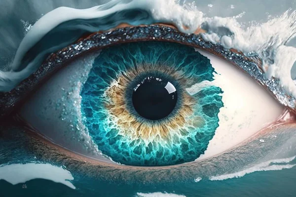 A close up of an eye with water around it and a wave coming out of it realistic eyes a 3d render hyperrealism