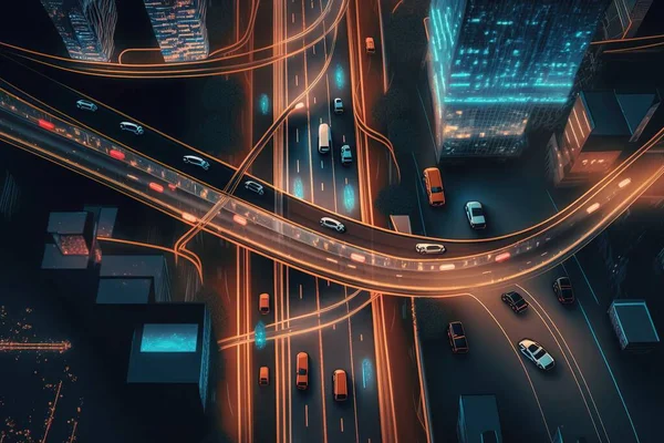A city intersection with a busy intersection and a busy street at night time with cars and trucks dynamic lights a digital rendering futurism