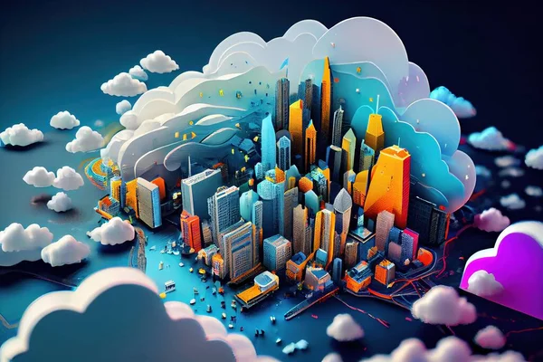 A city with a lot of tall buildings and clouds in the sky with a rainbow colored sky liam brazier a digital rendering lyco art