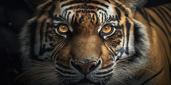 A tiger with a black background and a yellow eye looking at the camera with a serious look on its face animal photography poster art sumatraism