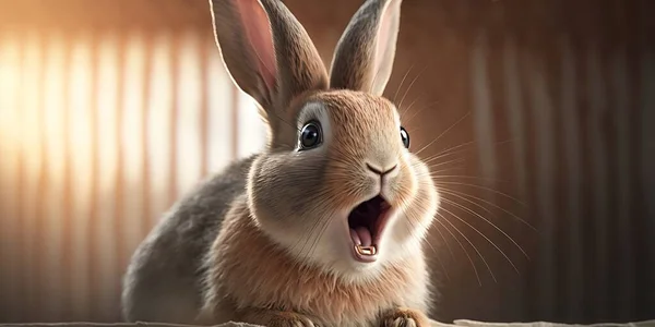 A rabbit is yawning while sitting on a bed with his mouth open and tongue out ultra realistic digital art a photorealistic painting shock art