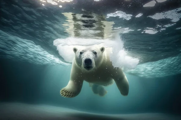 A polar bear swimming under water in the ocean with bubbles and bubbles on the water award-winning photograph a photorealistic painting art photography