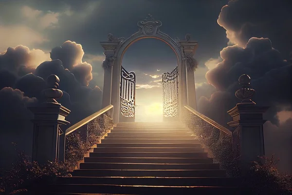 A stairway leading to a gate with a sky background and clouds in the background with a sun setting cinematic matte painting a detailed matte painting gothic art