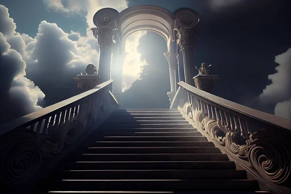 A stairway leading to a sky with clouds and a light at the end of it matte fantasy painting a detailed matte painting gothic art