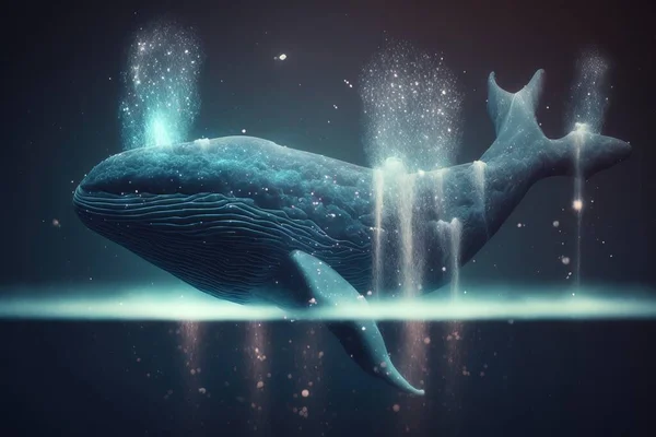 A whale is floating in the water with bubbles coming out of its mouth and a star filled sky behind it cinema 4 d a 3d render magical realism
