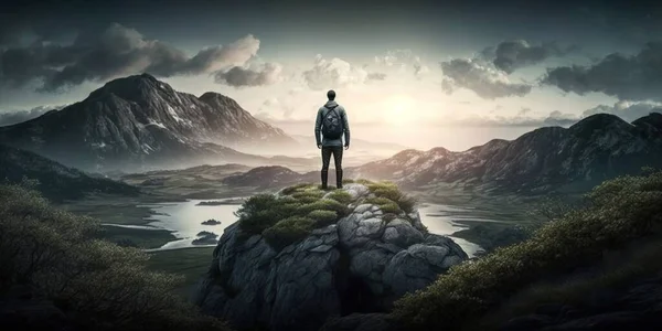 A man standing on top of a mountain looking at the sky and mountains below him cinematic matte painting a detailed matte painting naturalism