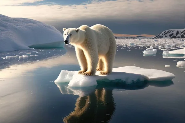 A polar bear standing on an iceberg in the water with icebergs in the background award-winning photograph a photorealistic painting ecological art