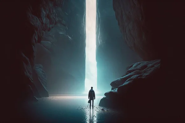 A man standing in a cave looking at a waterfall in the distance with a light at the end cinematic photography a matte painting aestheticism