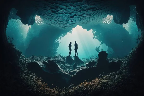 Two people standing in a cave looking at the water below them and the light coming from the cave sense of depth a cave painting neo-romanticism