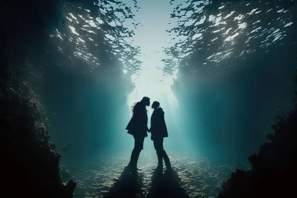 Two people standing in a cave looking at the water below them and the light shining through the water underwater computer graphics romanticism