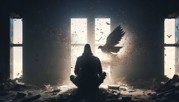 A person sitting in a room with a bird flying out of the window and a bird flying out of the window surreal photography cyberpunk art art photography