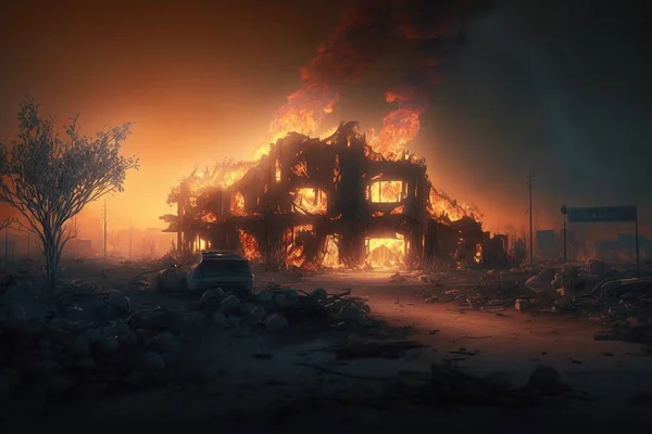 A house on fire with a car parked in front of it and a lot of rubble cinematic matte painting a detailed matte painting nuclear art