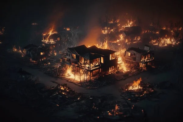 A house on fire with lots of smoke and flames in the background and a lot of houses on fire octane renderer a tilt shift photo environmental art