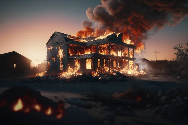 A house on fire with a lot of smoke coming out of it\'s roof octane renderer a matte painting video art