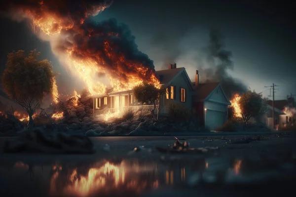A house on fire with a lot of smoke coming out of it\'s chimney unreal render a detailed matte painting photorealism