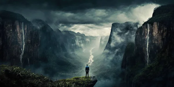A man standing on a cliff looking at a river in the mountains with a dark sky cinematic matte painting a matte painting art photography