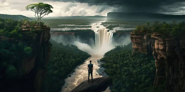 A man standing on a cliff looking at a waterfall and a forest below him with a tree in the foreground cinematic matte painting a detailed matte painting fantasy art